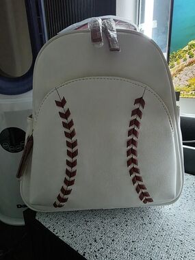 CC Boutique White Mini Backpack with Brown Baseball-Stitch Accents